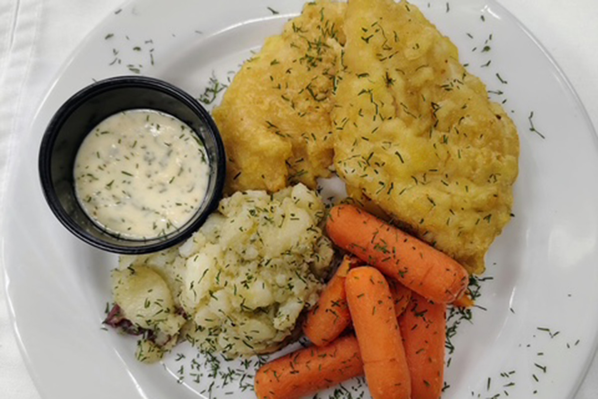 Fish dinner with cauliflower and carrots at Autumn Wind Assisted Living.
