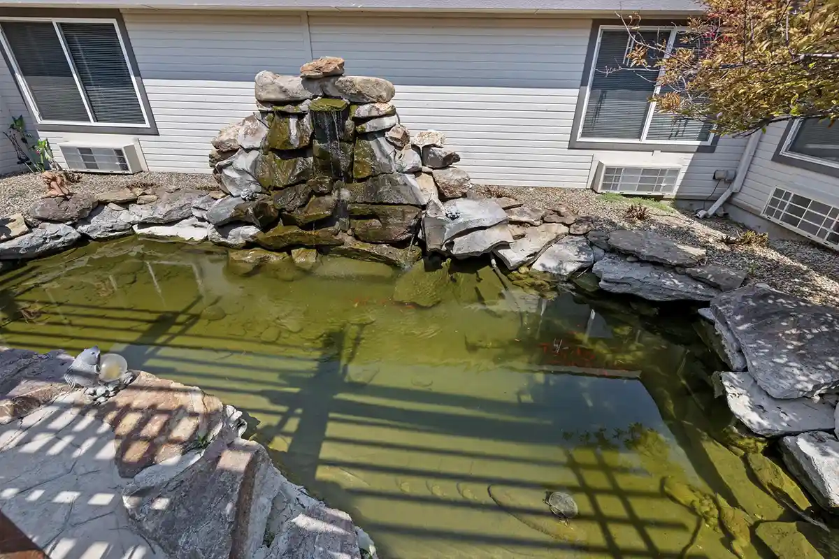 Pond with rocks at the Autumn Wind Assisted Living & Memory Care facility